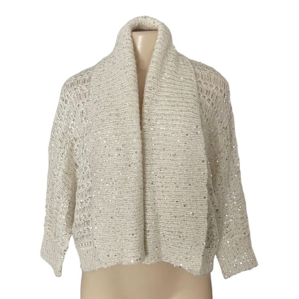 Express Women Ivory Open Cardigan Large Collar Sequins Wool Open Knit Sweater L